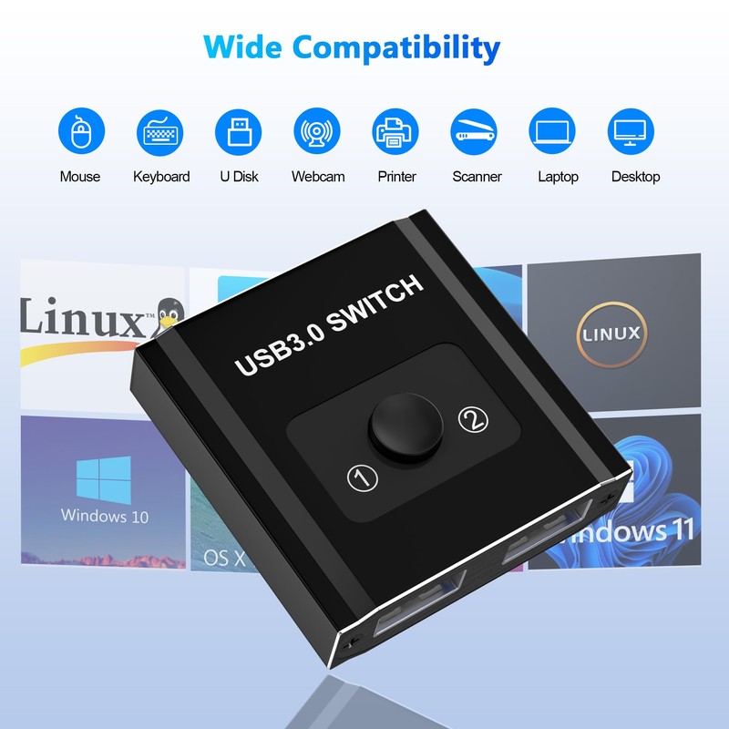 USB 3.0 Switch, Bi-Directional USB Switcher 2 in 1 Out/1