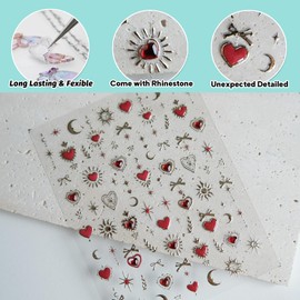 CESTSIREN Gold Totem Red Heart Nail Art Stickers, Embossed Moon Star Nail Decals, for Nail Art Design, Self-Adhesive, Nail Accessories for Women,Aesthetic Nail Art Supplies