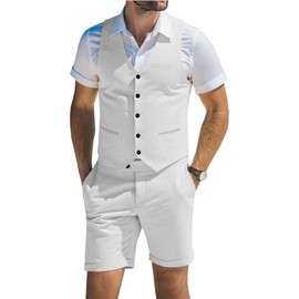 Men's Linen Suits White 2 Piece Vests Short Pants Suit for Men Casual Summer Beach Groomsmen Wedding Waistcoat Set Outfit 2XL