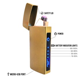 USB Plasma Lighter Flameless Electric Double ARC Dual Pulse Torch Rechargeable Lithium Power Battery (Infinity - Spanish Gold)