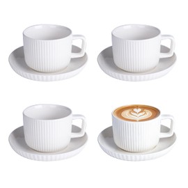 Vitrignis 8oz Cappuccino Cups With Saucers - Set Of 4 Latte Mugs With Saucers - White Cream Ceramic Coffee Mugs For Latte, Au Lait, Flat White, Mocha, Tea, Embossed Coffee Cups