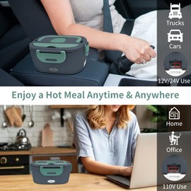 BEVCEKNS Electric Lunch Box for Car, 3 In 1 Portable Heating Lunch Box with 1.8L Removable Stainless Steel Container, 80W Leak Proof Food Warmer 110V 12V 24V for Truck Home Office (Blue Green)