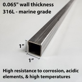 316 Stainless Steel Square Tubing, 1" x 1", Marine Grade, 2 ft, 3 ft, 4 ft, 5 ft Lengths (24 Inches)