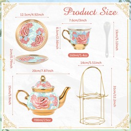 Zhehao 20 Pcs Porcelain Tea Set with Metal Holder and Spoon Adult Ceramic Tea Party Set European Flower Painting Teapot Cup Saucer Spoon Set for Women, Large Version(Vintage Style)