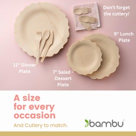 Bambu, Disposable Bamboo Fancy Plates 9 Inch, Organic, Biodegradable and Eco Friendly Flatware, Veneerware Party, Wedding, and Event Plates, Great for Any Occasion, 100% Natural - 9", Pack of 100