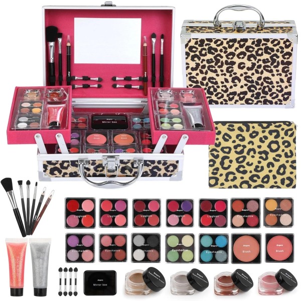 Anpro All-In-One Leopord Double Folding Makeup Carry Case with Pro