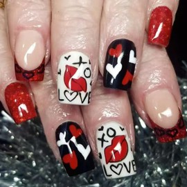 Romantic Red Lips Heart Press on Nails Red Glitter French Tip Fake Nails Glossy Medium Acrylic Glue on Nails Square Stick on Nails for Women