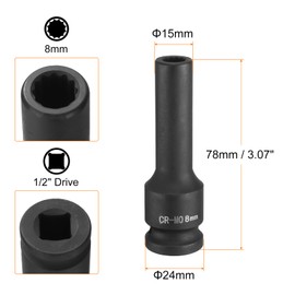 sourcing map 12-Point Deep Impact Socket 1/2 Inch Drive 8mm Metric Chrome Molybdenum Alloy Steel Spindle Axle Nut Impact Socket
