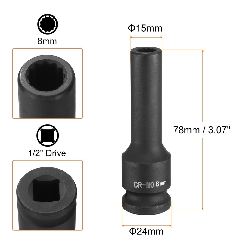 sourcing map 12-Point Deep Impact Socket 1/2 Inch Drive 8mm