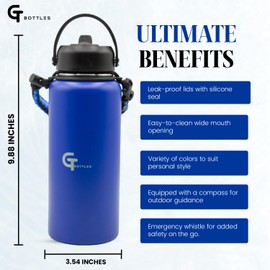 GT BOTTLES 32oz Stainless Steel Vacuum Insulated Wide Mouth Water Bottle with 3 Lids and Paracord Handle for Hot & Cold Beverage (Dark Blue, 32oz)