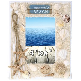 CoTa Global Oceanic Sea Turtle Photo 4X6 Frame - White Wood Seashell Photo Frame for Summer Vacation Memory, Handmade Tropical Sand Nautical Picture Frame For Tabletop or Wall Hang - 9.4 Inches