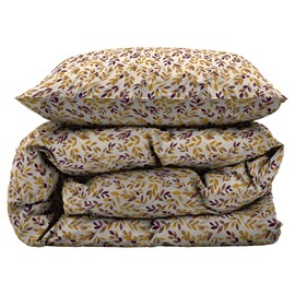 Södahl Painterly Leaf 100% Cotton Bed Linen 135 x 200 cm, Set with 1 Duvet Cover 135 x 200 cm and 1 Pillowcase 80 x 80 cm, Satin Fabric, Gold