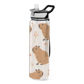 ALAZA Capybara Beige Sport Water Bottle with Straw Lid 32 oz Clear Bottle BPA Free Tritan Plastic Leakproof Jugs Large Flip Top for Kids Boys Girls