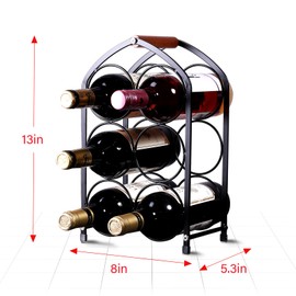 Drincarier Countertop Wine Rack - 6 Bottle Freestanding Modern Black Metal Small Wine Rack - 3 Tier Tabletop Wine Holder Stand for Cabinet, Pantry, Wine Bottle Storage (Round-Black)