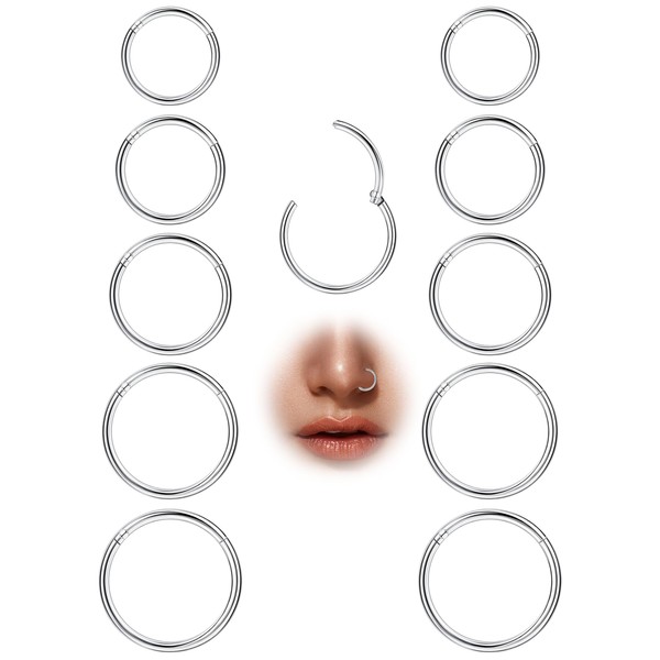 LOAYHOAY 10Pcs 20G Surgical Steel Nose Rings Hoops for Women Men Hinged Seamless Clicker Nose Hoops Cartilage Helix Tragus Daith Sleeper Earrings Hoop Hypoallergenic Nose Piercing Jewelry 6/7/8/9/10MM Silver