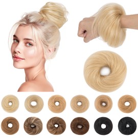 SEGO Larger Human Hair Bun, Real Hair Messy Bun Hairpieces Scrunchies Natural Smoothed Tousled Updo Donut Chignon Ponytail Extensions for Women Girls-S-#613R Bleach Blonde