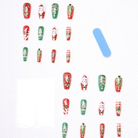 Christmas Press on Nails Red Green Xmas Tree Fake Nails Long Coffin False Nails with Santa Claus Design Canes Glue on Nails Glossy Reusable Winter Xmas Nails for Women Girls Holiday Manicure 24pcs