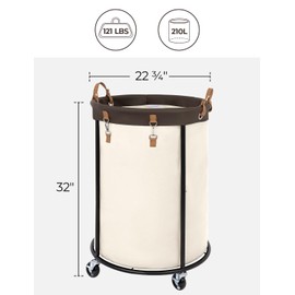 StorageWorks Laundry Basket with Wheels, 210L Extra Large Rolling Laundry Hamper, Round Laundry Cart with Steel Frame and Removable Bag, 4 Casters and 2 Brakes, Beige, 1-Pack