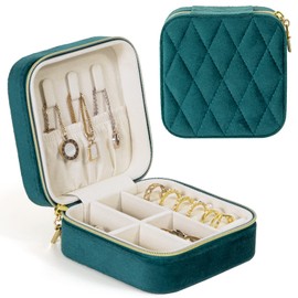 KAMIER Small Jewellery Box for Women, Portable Travel Jewellery Box, Plush Velvet Mini Jewellery Storage for Earrings, Rings, Necklaces, Peacock Blue