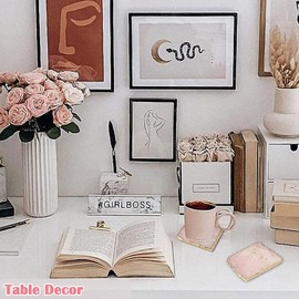 Yougoals Rose Quartz Irregular Coaster Set of 4, 3.5-4" Pink Agate Coasters with Displaying Stand,Natural Stone Crystal Coasters with Gold Rim,Irregular Shaped for Home Decor