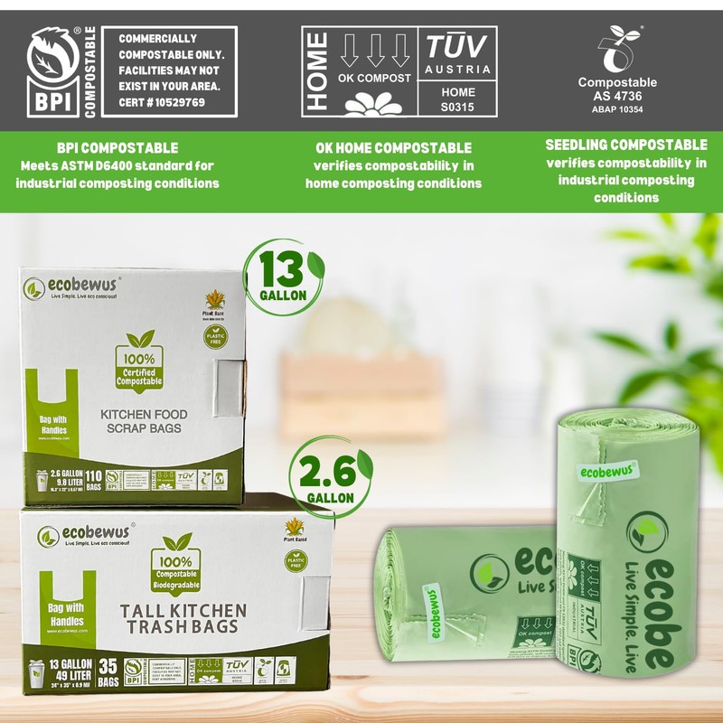 ECOBEWUS 2.6 Gallon 100% Compostable Bags Handle Tie (110 Bags)
