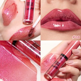 Glitter Lip Plumping Lip Gloss - Diamond Liquid Glitter Shimmer Lipstick, Waterproof Long Lasting Not Stick Cup Lip Gloss for Women Girls Makeup (08#, 20g)
