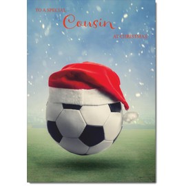 doodlecards Cousin Christmas Card Santa Hat Football Blue Medium Size Christmas Card for Cousin with Plain Envelope