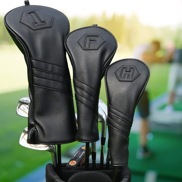 3 Piece Golf Headcover Set (1FUT) Golf Wood Cover Set Golf Driver Cover for Fairway Wood Utility Black (3 Piece Set (1FH))