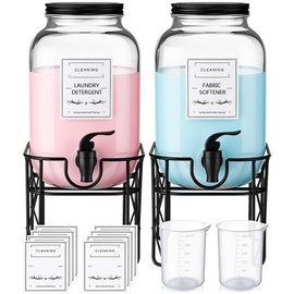FillTouch 2 Pack 1 Gallon/128 oz Glass Laundry Detergent Dispenser, 3.8 L Liquid Soap Dispenser with Stand, Measuring Cup and Label, Fabric Softener, Liquid Bleach Container, Laundry Room Organization