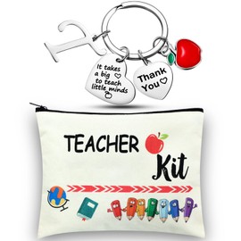 MTLEE Teacher Appreciation Gift for Women Teacher Kit Gift with Teacher Makeup Pouch Cosmetic Bag Thank You Teacher Keychain with Initial for Teacher Week and Graduation Gifts(T Shape)