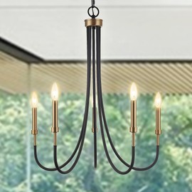 Homebelife 5 Light Modern Chandelier Light Fixture, Black and Muted Gold Farmhouse Island Lighting for Kitchen Dining Room, Large Linear Pendant Light 25"x25"x28"