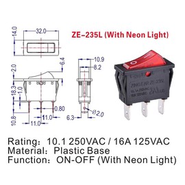 Rhinenet Zing Ear ZE-235L Red Illuminated Rocker Switch ON/Off with Neon Light 10.1A 250VAC 16A 125VAC Replaces Canal RH Series Defond DRH 1215 Edgestar Ice Maker Freezer Machines Plastic Base