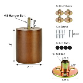 Maricome 3 in Wooden Legs Set of 4, Solid Round Wood Replacement Feet Predrilled M8 Bolt，Suitable for Sofa Couch Dresser Ottoman Cabinets Chair Screw in