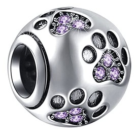 Jan-Dec Birthstone Paw Print Charms Fit European Bracelet, 925 Sterling Silver Pet Cat Dog Paw Print Heart Footprint Beads with Crystal Like Football Ball, Gifts for Women/Men, Sterling Silver