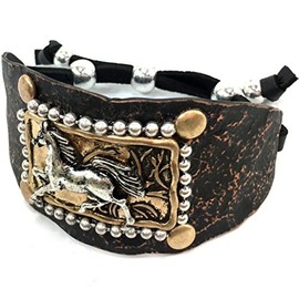 Western Peak Hammered Plate Western Tritone Running Horse Leather Cuff Bracelet (Dark Copper)