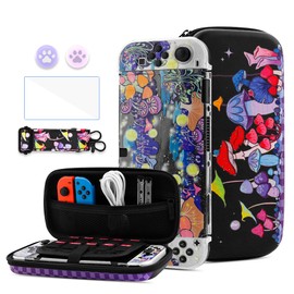 HYPERCASE Cute Mushroom Floral Switch OLED Carrying Case, Portable Travel Accessories Storage Bag with Glitter Switch OLED Protective Cover Skin, Shoulder Strap, Screen Protector & 2 Thump Caps