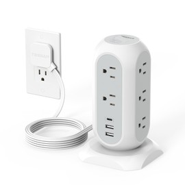 Regleta de alimentacin de torre con enchufe plano con 11 tomacorrientes, 3 USB (1 USB C), torre protectora contra sobretensiones TESSAN 1625W13A,...  