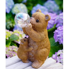 Garden Brown Bear Statues with Solar Light Resin Waterproof Figurines，Bear Gifts for Outside Yard Patio Mum Birthday Gifts