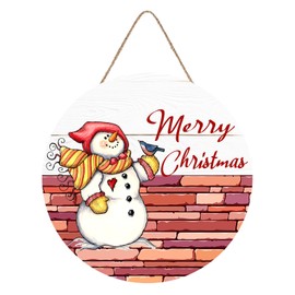 Snowman Hanging Round Wood Sign Round Christmas Snowman Sign Wooden Decor,Home Front Door Round Wooden Hanging Sign For Outdoor Porch Indoor Decor 12x12inch