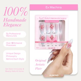 Handmade Press On Nails Almond Fake Nails Design By Nail Technician Reusable 3D Handmade Fake Nails Handmade Painted Nail Art By CALAILIS (Blue Crystal Flower, M)