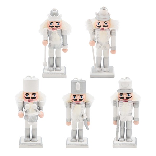 The Christmas Workshop 5PK Wooden Nutcrackers/Hanging Christmas Tree Decorations/Festive Ornaments (Silver and White)