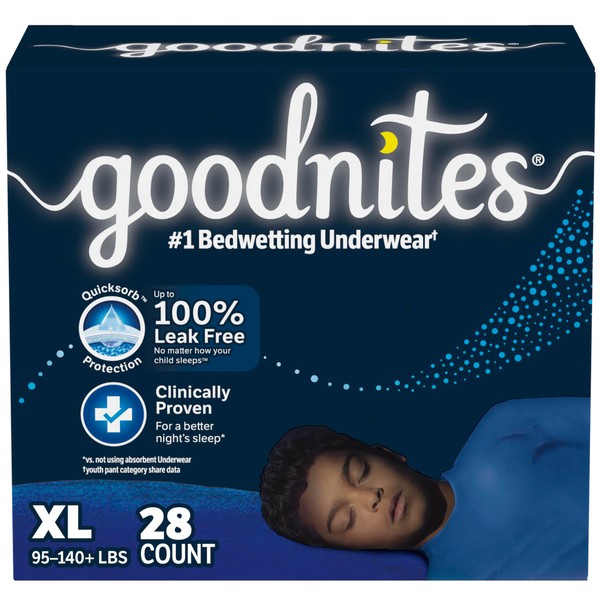 Goodnites Boys' Bedwetting Underwear, Size Extra Large (95-140+ lbs), 28 Ct (2 Packs of 14), Packaging May Vary