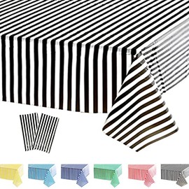 POPOYU 2Pcs Black Stripe Table Cloth,Black and White Table Covers,137*274cm Birthday Party Rectangular Dining Table Cover Tablecovers Plastic Tablecloths for Picnic,Christmas,Birthday Party Decoration