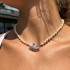 Planet Orb Pearl Silver Necklace 925 Mini Bas Earrings Set Crystal Rhinestone Y2k Aesthetic Pendant Mini Bas Necklace for Women Girlfriend Wife Birthday Jewellery Gift (Orb Earrings)