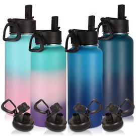 Volhoply 32oz Outdoor Gradient Color Insulated Stainless Steel Metal Water Bottle with Straw Lid&Spout Lid,Double Wall Vacuum Thermos for GYM,Travel Camping Flask Keep Cold and Hot(Multicolor,4 Pack)