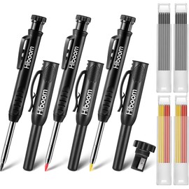 Hiboom 3 Pack Carpenter Pencil with 24 Refills (Red, Black, Yellow), 2.8 mm Heavy Duty Construction Pencil Built in Sharpener, Woodworking Marking Tool Solid Long Nosed Deep Hole(Black,24)
