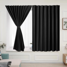 Muamar Velcro Blackout Curtains for Bedroom 2 Panels with Tiebacks(Black, 29'' W x 45'' L),Without Rods Small Curtains,Kitchen Curtains,Easy Install Window, Bathroom Door,Wardrobe, Cabinet Etc
