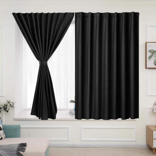 Muamar Velcro Blackout Curtains for Bedroom 2 Panels with Tiebacks(Black,