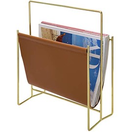 MyGift Modern Caramel Leatherette Magazine Holder Floor Standing Sling Style Rack with Brass Tone Metal Frame