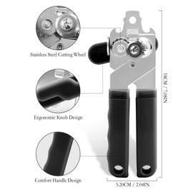 YAKAUEI Can Opener Manual Smooth Edge, Heavy Duty Stainless Steel Hand Can Opener with Comfort Ergonomic Handles & Knob, Multifunctional Easy Can Bottle Openers for Seniors, Camping, Kitchen (Black)